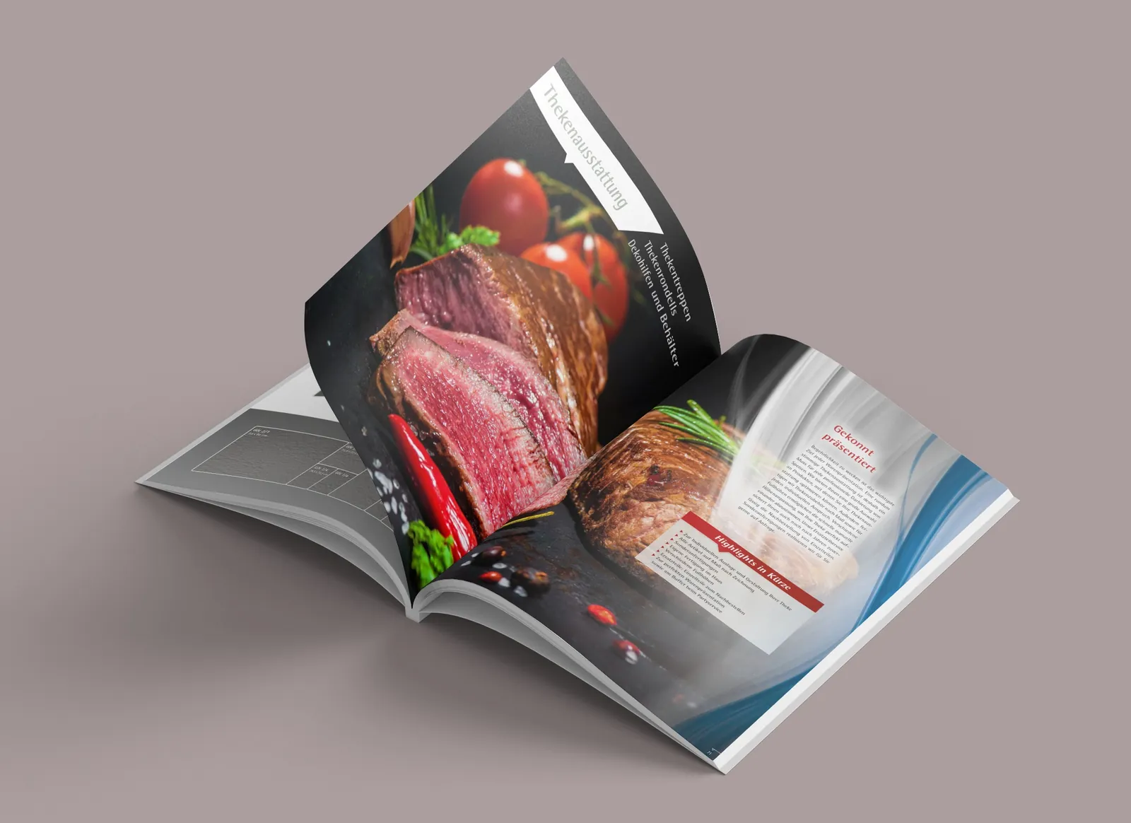 Aufgeschlagener Ammon-Katalog mit Fleisch und Tomaten auf dunklem Grund