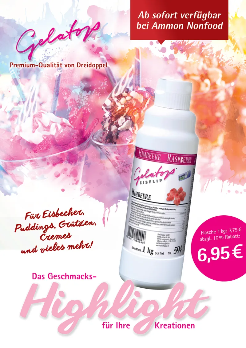 Flyer Gelatops mit Flasche und bunten Farbspritzern