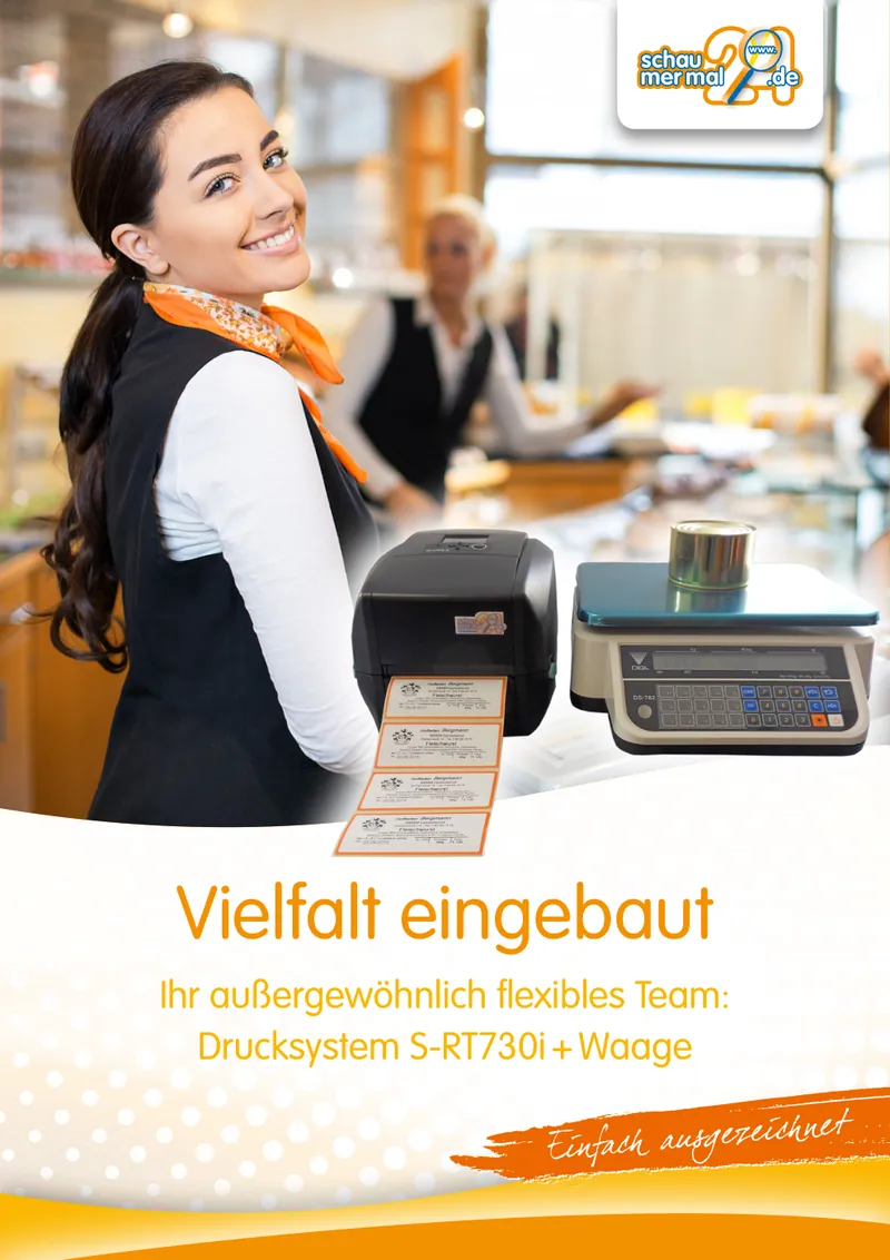Plakat mit lachender Verkäuferin am Drucksystem