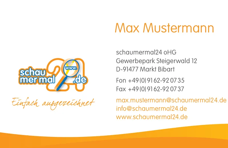 Visitenkarte schaumermal24, Vorderseite mit Name, Logo und Kontaktdaten (Musterdaten)